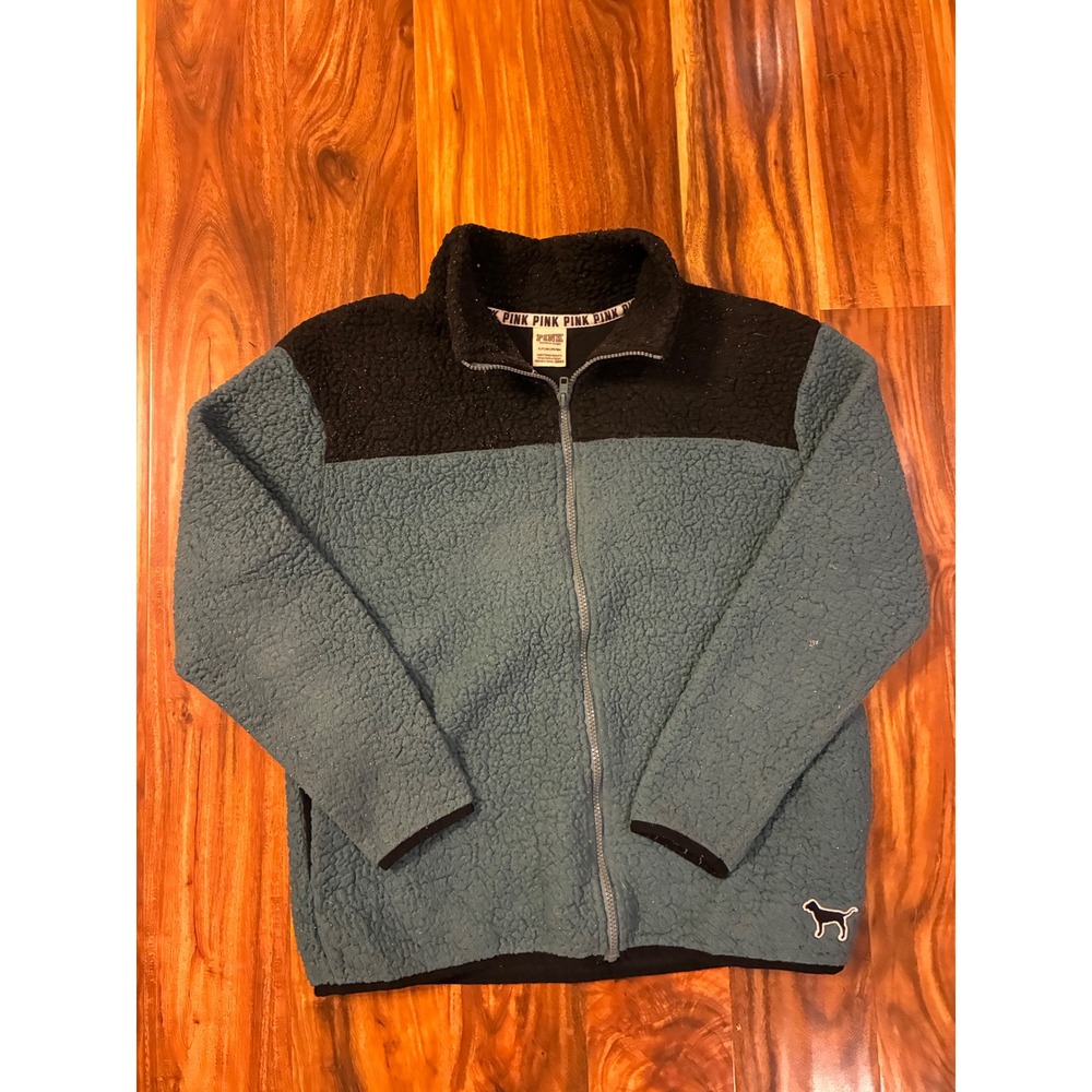 VS‎ PINK Sherpa Fleece Jacket Small Teal Black Colorblock Full Zip Dog Logo